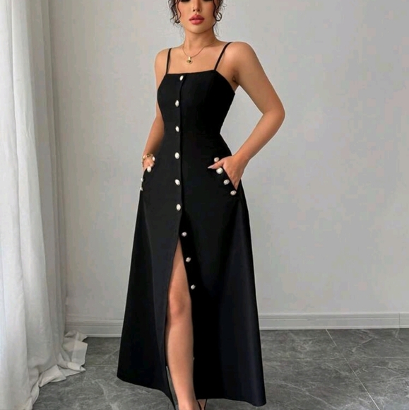 Women's Adjustable Strap Button Decor Waisted Long Dress, Elegant & Graceful - Picture 1 of 4